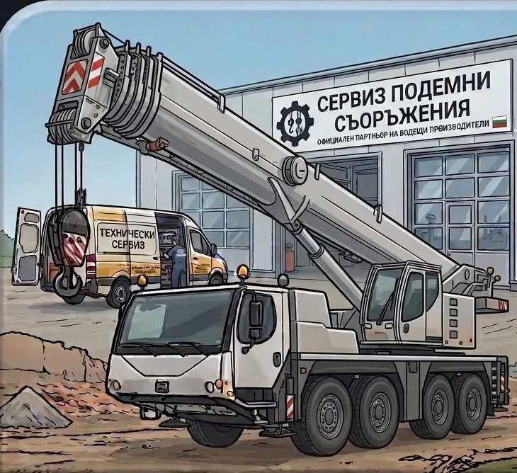Автокран и сервизен автомобил пред сервизната база на JL Group